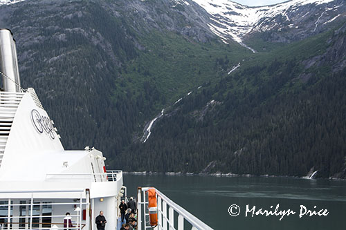 Waterfall and our ship, Tracy Arm, AK