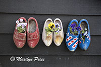 Painted wooden shoes as wall planters, Zaandam, Netherlands