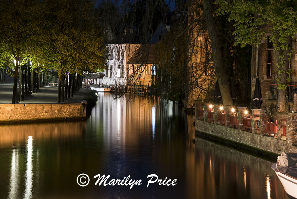 Canal and reflections at night, Bruges, Belgium