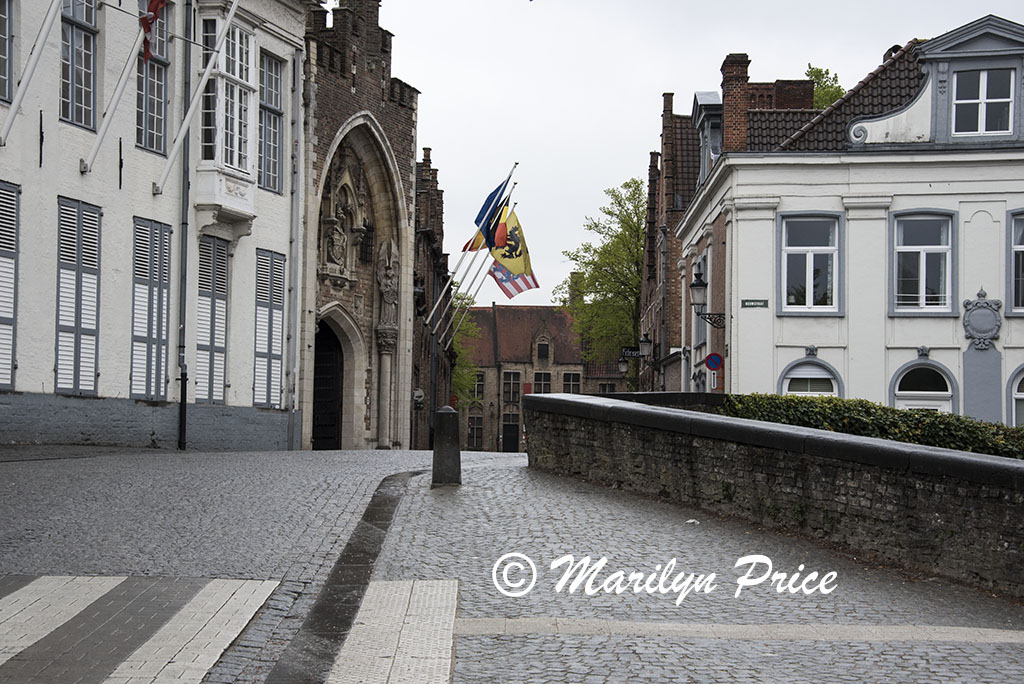 Street and flags, Bruges, Belgium