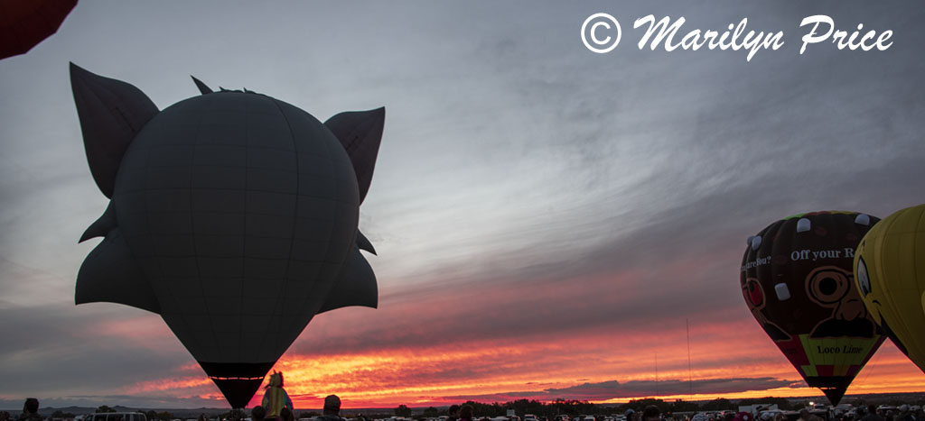 Sunset over the balloon grounds, Special shapes balloon glow, International Balloon Fiesta, Albuquerque, NM