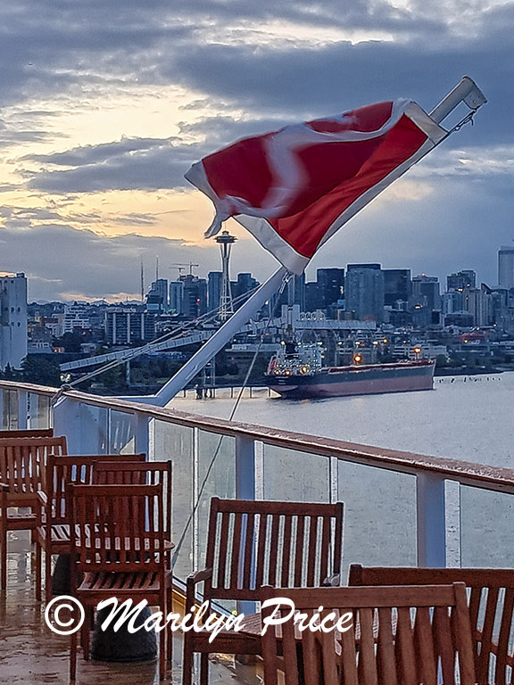 Seattle skyline and ship's flag, Seattle, WA