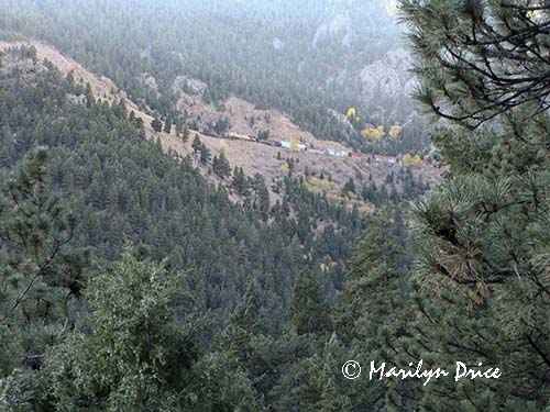 Freight train high above Rattlesnake Gulch, Eldorado Canyon State Park, CO