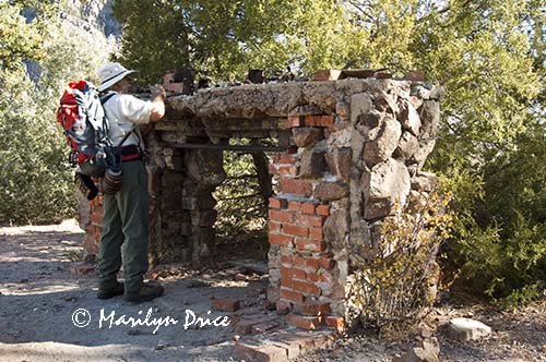 Carl and kitchen fireplace at Crags Hotel, Rattlesnake Gulch Trail, Eldorado Canyon State Park, CO