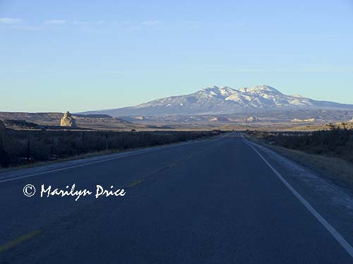 La Sal Mountains and road approaching Moab, UT