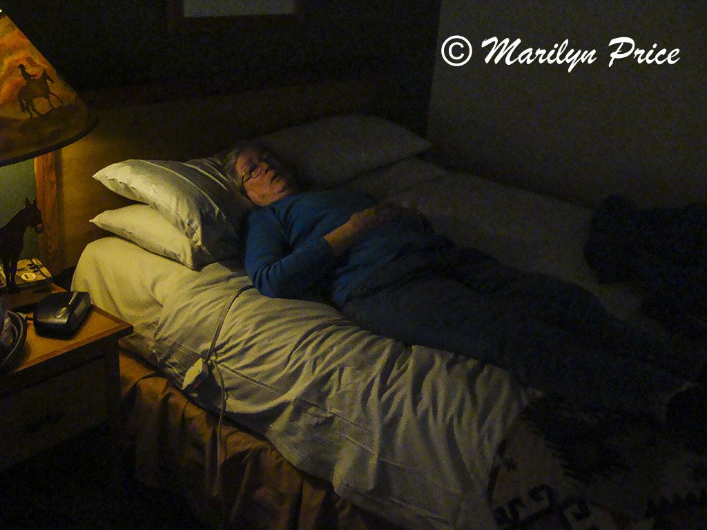 Resting my back on a heating pad after the Bright Angel Trail, Grand Canyon National Park, AZ