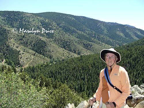 Marilyn and the view back over the valley from the trail, Raven's Roost Trail, Reynolds Park, CO