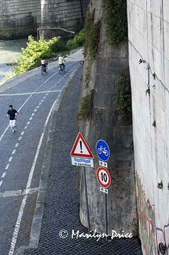 Bike path along the Tiber, Rome, Italy