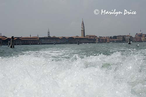 From the back of the vaporetto, spray and Arsenale, Venice, Italy