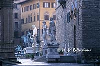 Statues in the Piazza della Signoria, including replica of Michelangelo's David, Florence, Italy