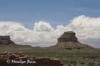 Remains of a wall at Una Vida Pueblo with Fajada Butte, Chaco Culture National Historic Park, NM