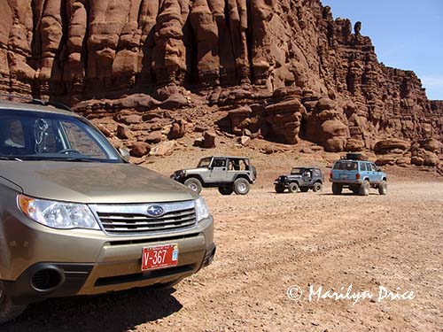A Subaru among the Jeeps at 'Thelma and Louise' Point, Shafer Jeep trail, Canyonlands National Park, UT