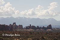 Formations and Lasal Mountains from trail around Balanced Rock, Arches National Park, UT
