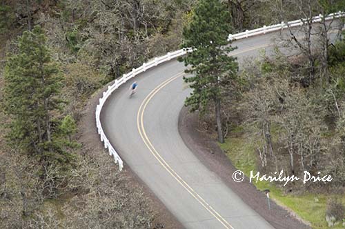 Bicyclist races down the winding road from Rowena Plateau, OR