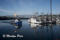 Fishing boat coming in to dock to offload its catch, Yaquina Bay harbor, Newport, OR