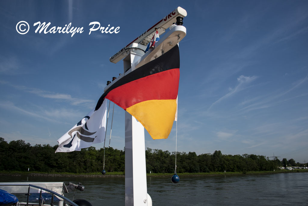 Flags on the bow, Rhine River, Germany