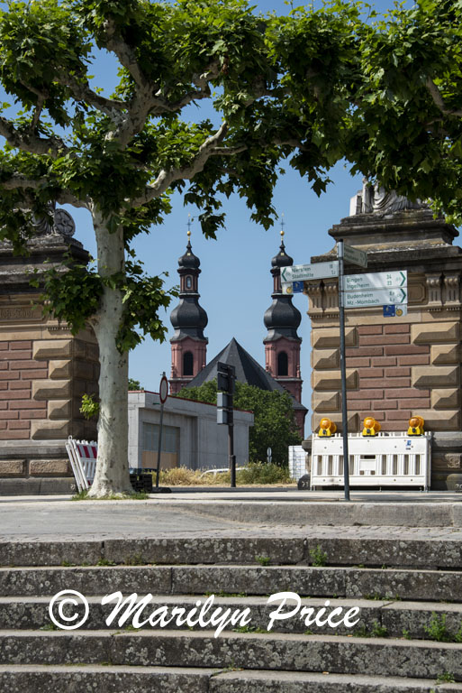 Towers of the Dom (Cathedral), from the riverfront walk, Mainz, Germany