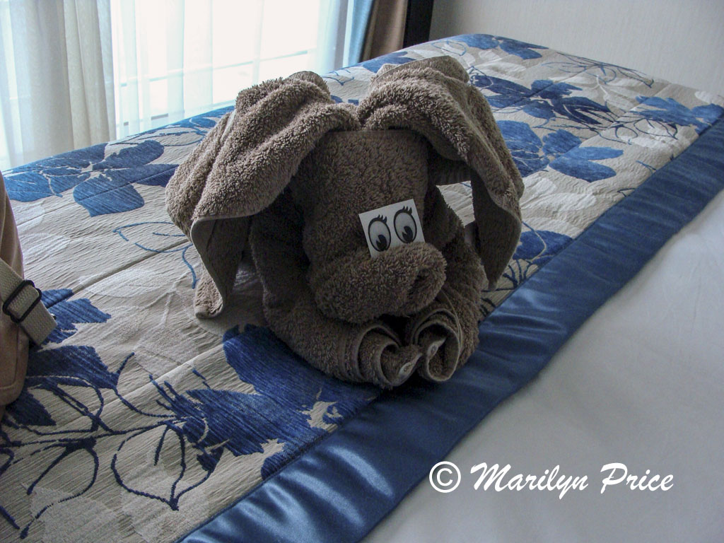 Puppy made of towels left on our bed by our attendant, Rhine River, Germany