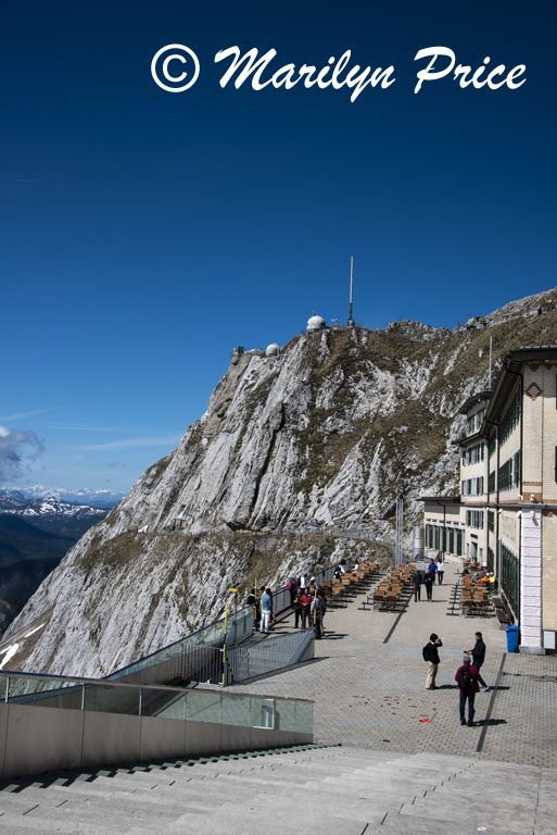 Looking across the platform, hotel on the right, obaservatories in the distance, Mt. Pilatus, Switzerland