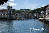 Jesuit Church, riverfront, and a bridge over the river, Lucerne, Switzerland