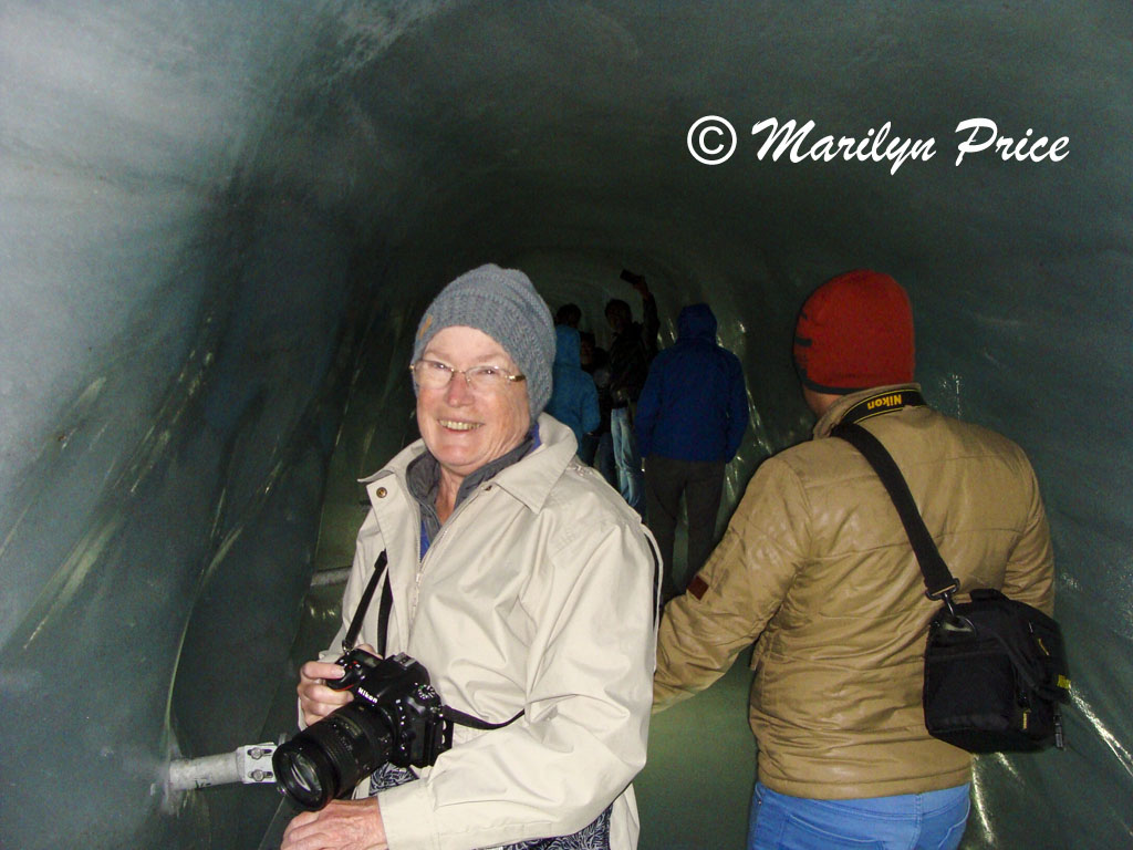 Marilyn in a tunnel into the ice of a glacier, Ice Castle, Jungfraujoch, Switzerland