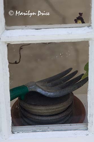Garden tools, Garden House of private garden, Butchart Gardens, Victoria, BC