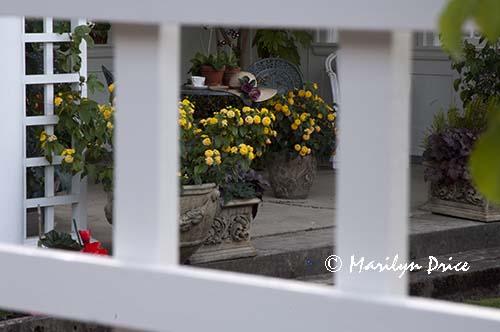 Ready for a tea break after gardening, Garden House of private garden, Butchart Gardens, Victoria, BC